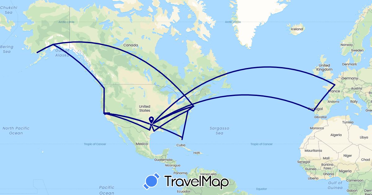 TravelMap itinerary: driving in France, Portugal, United States (Europe, North America)